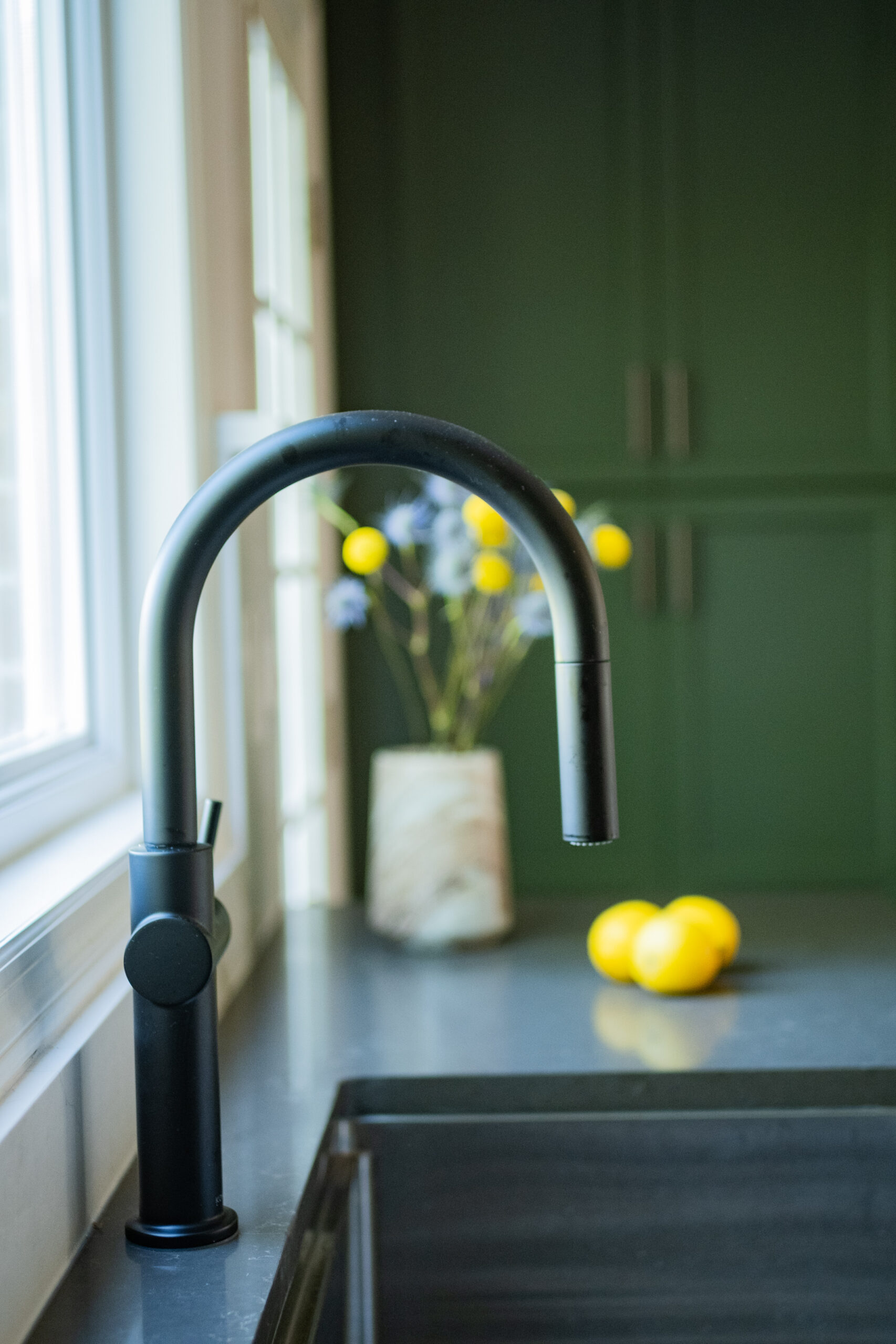 kitchen faucet with green cabinetry