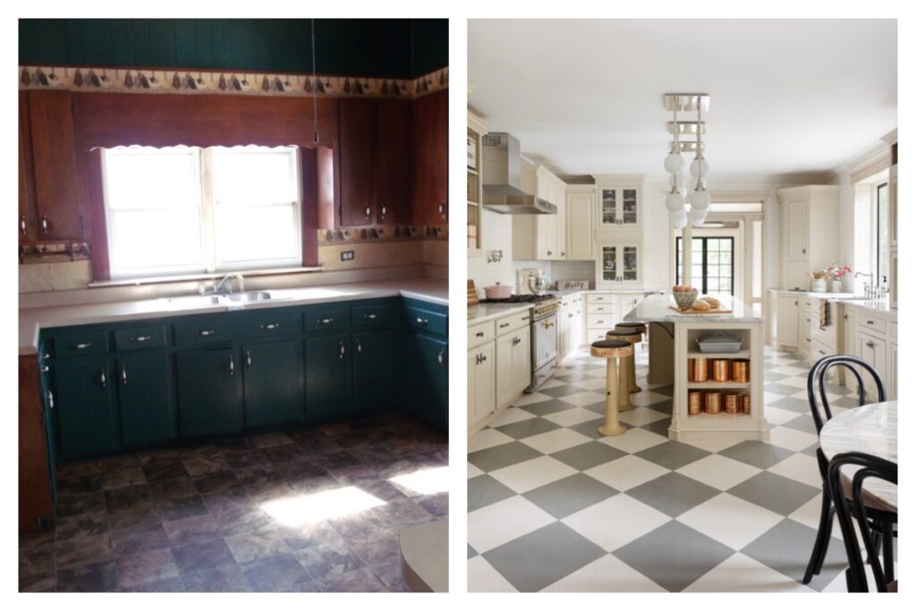 Before and after view of 1920s bungalow kitchen, with outdated kitchen elements versus a fresh and updated modern vintage kitchen design with checkered floor