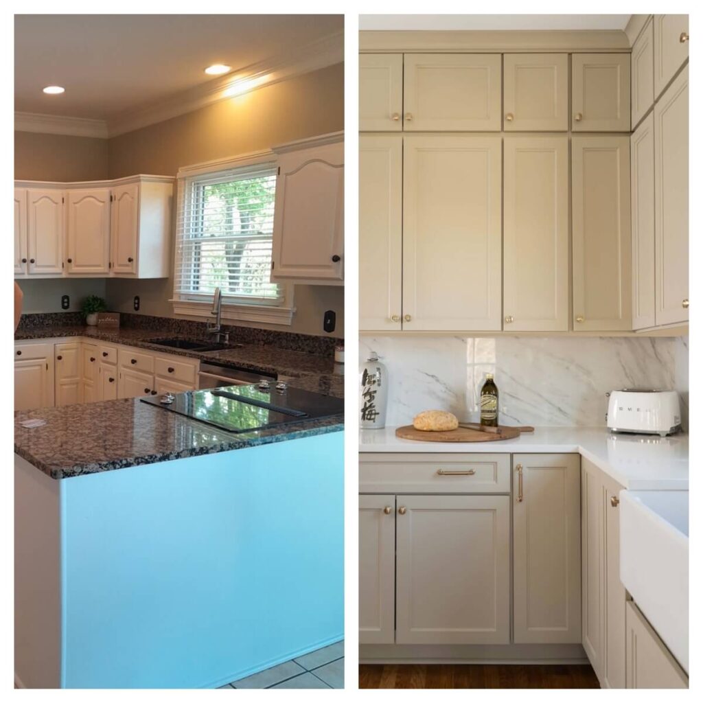 Before and after side by side comparison of old kitchen cabinets verus new custom kitchen cabinets with luxury home design.