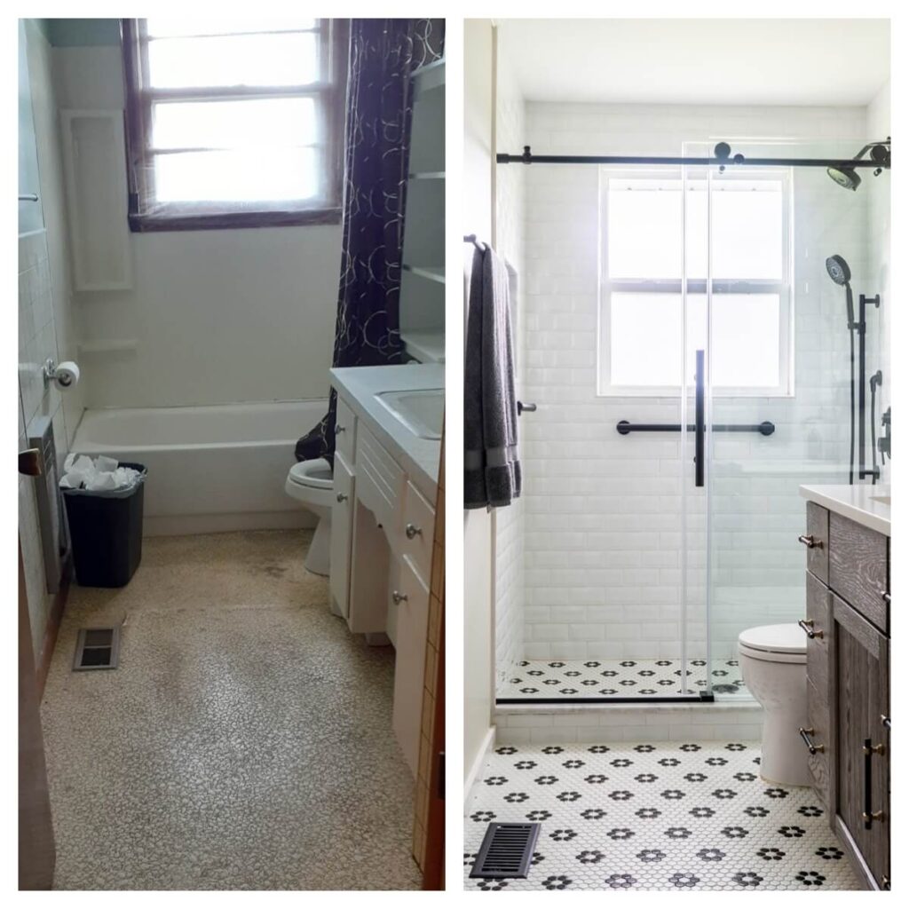 A before and after comparison of the guest cottage bathroom