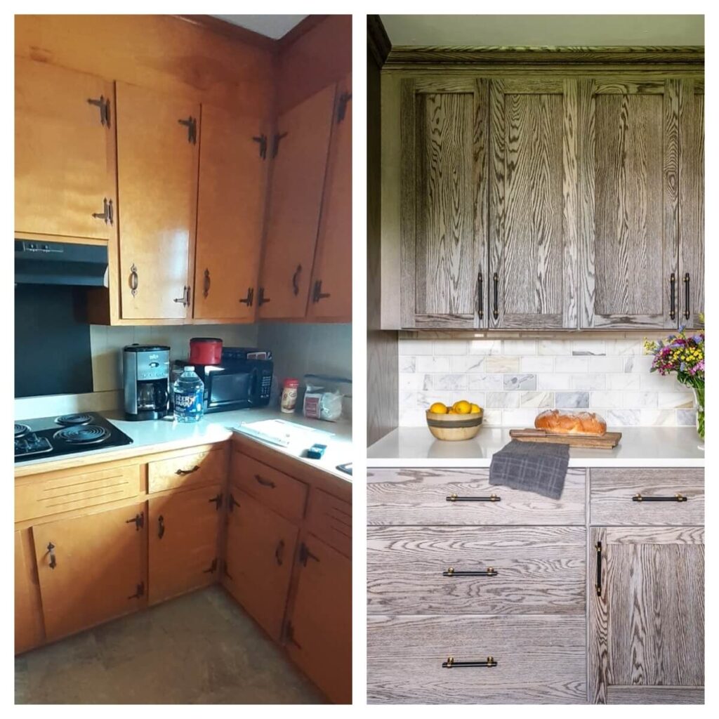 A side by side comparison of the before and after of kitchen cabinets, from outdated to updated.