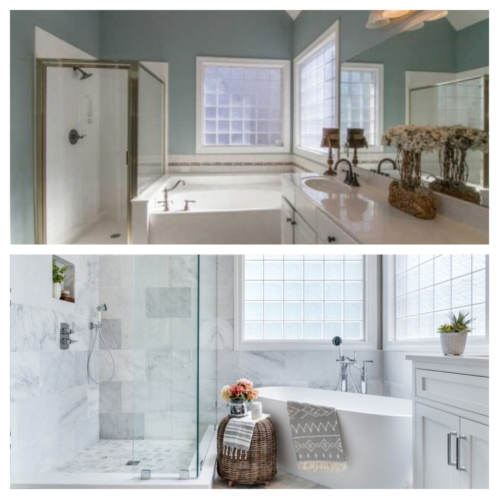 before and after comparison of a bathroom remodel