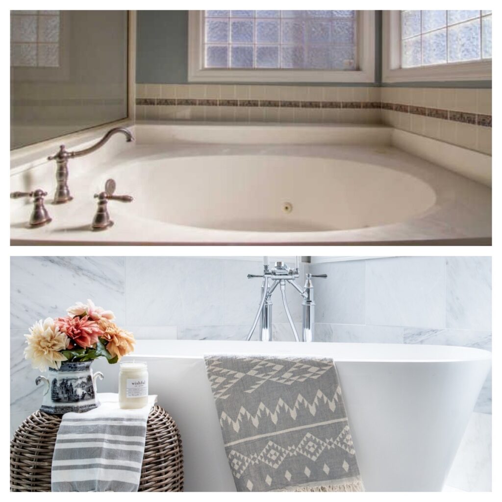 before and after of bathroom transformation with new tub